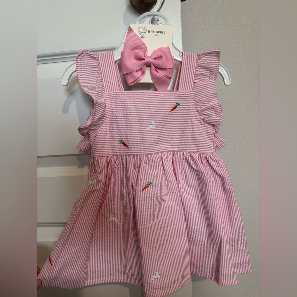 Easter Pink Striped Seersucker Kids Dress with Bow and Bloomers - NWT